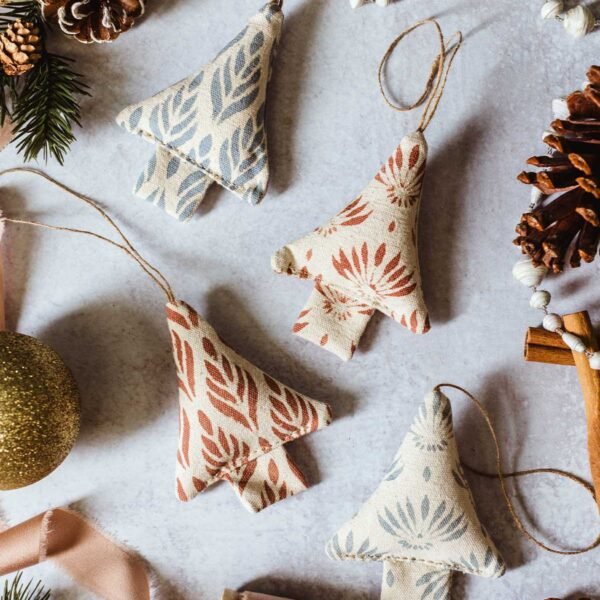 Block Printed Christmas Tree Ornament Set of 4